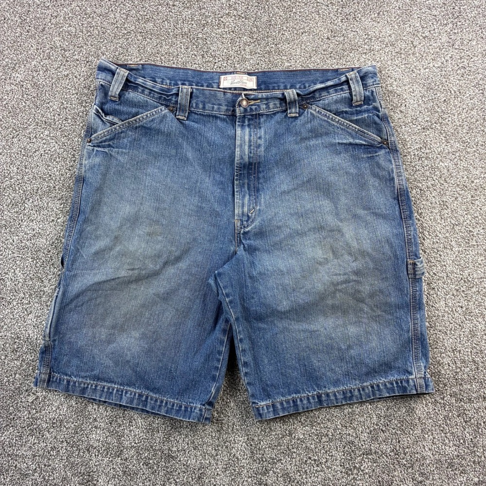 Vintage Levi's Carpenter Shorts Mens 38 Blue Distressed Denim Light Wash Faded